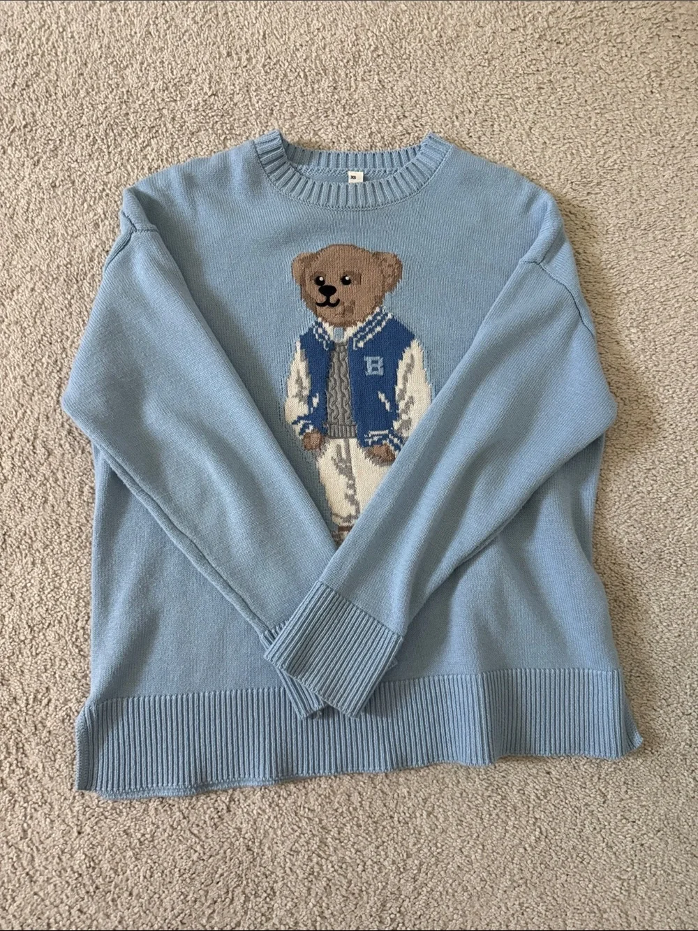 Light Blue Teddy Knit Sweater - Casual Crewneck